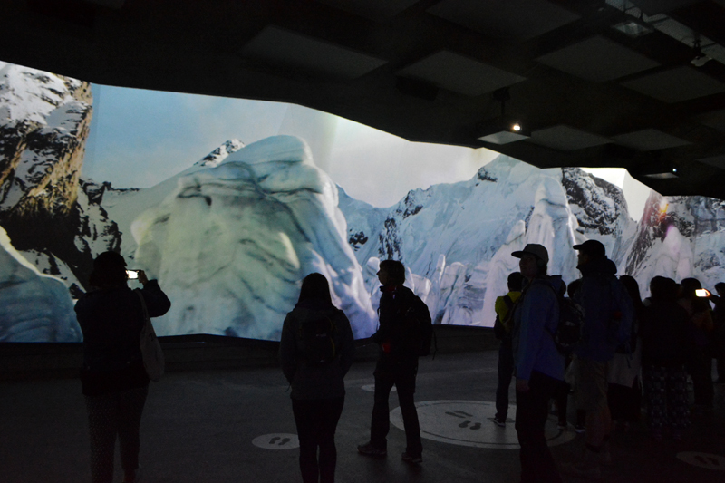view of ice covered mountains and glacier from indoors