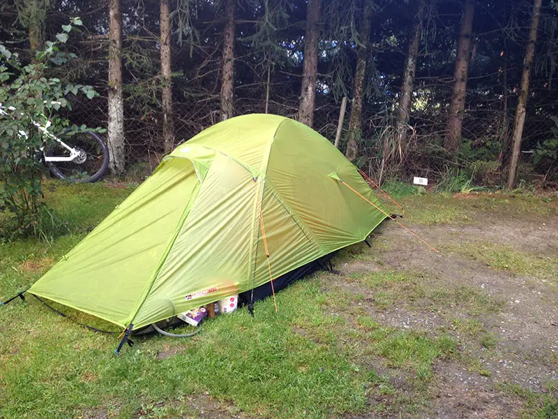 camping at Chamonix with a green Vango tent